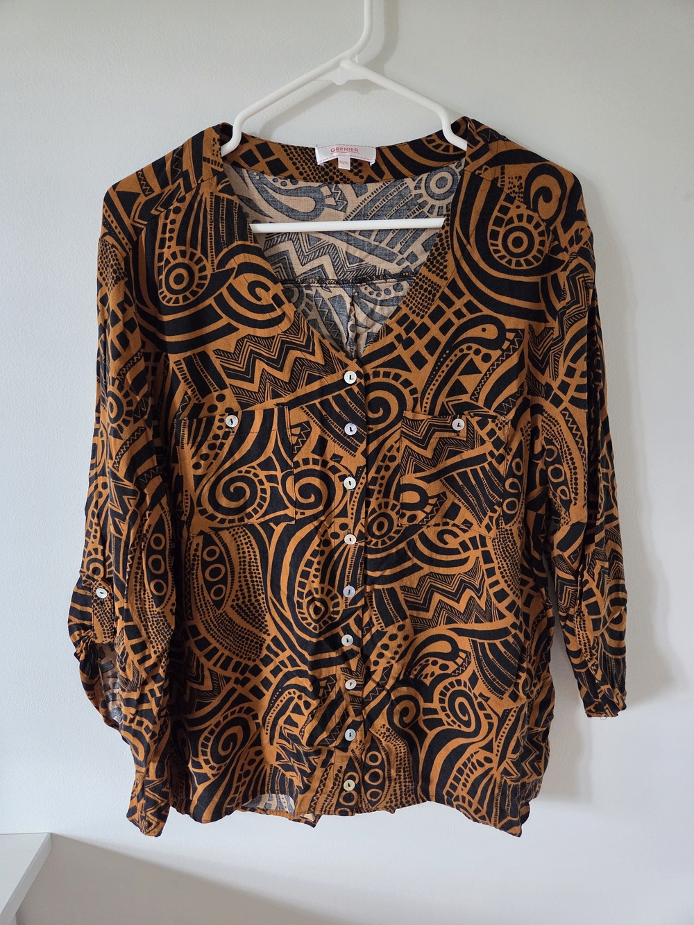 Vintage Grenier Black Cognac Tribal Geometric Print Button Down Blouse Top XL
